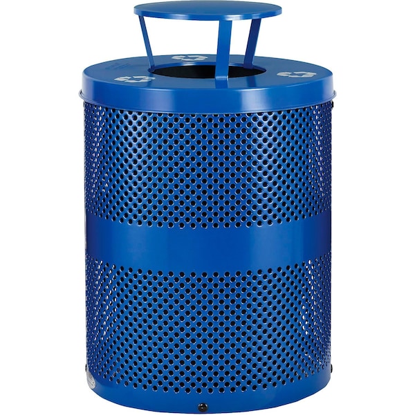 Global Industrial Outdoor Perforated Steel Recycling Can w/Rain Bonnet Lid, 36 Gallon, Blue 261961BL - main